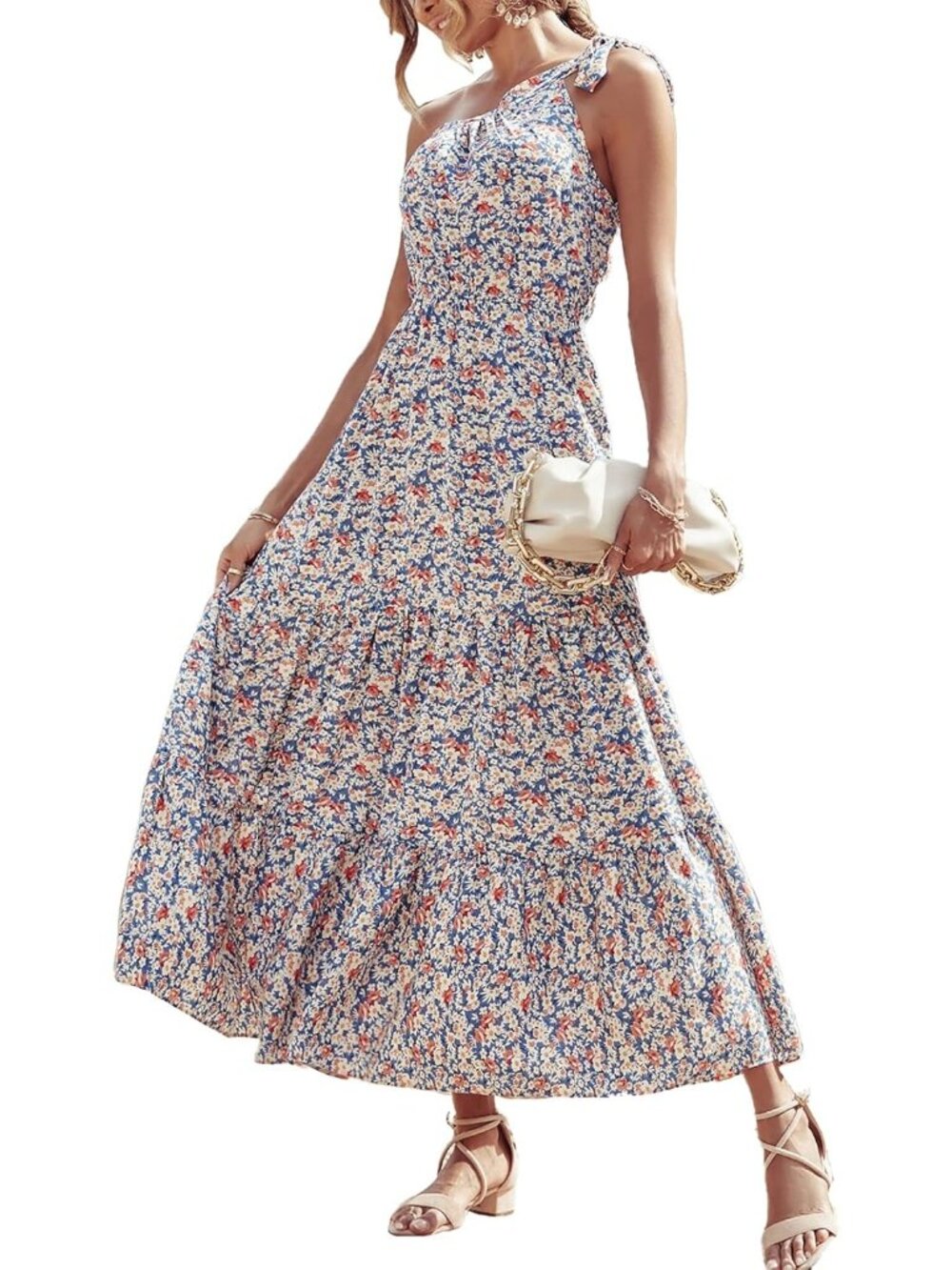 Women's Blue White Sleeveless Tiered A Line One Shoulder Boho Floral Maxi Dress